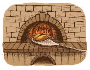 Watercolor fresh loaf of bread and a bread oven in graphic style